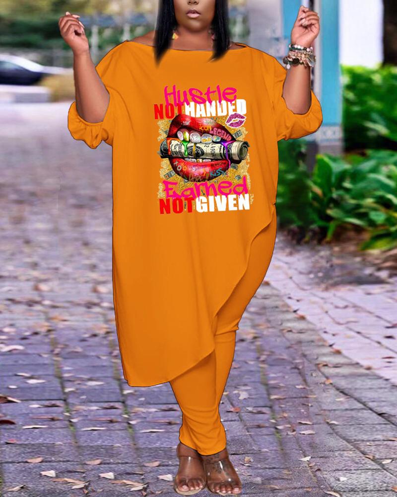 

Plus Size Lip Dollar Print Asymmetrical Hem Top & Pants Set, Orange
