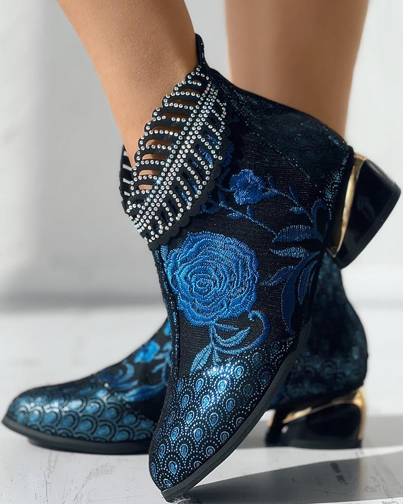 

Floral Embroidery Rhinestone Leaf Pattern Ankle Boots, Black&blue