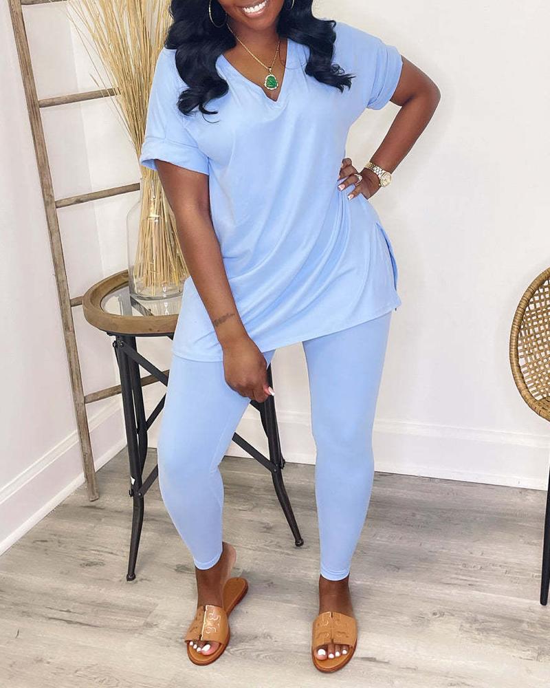 

V-Neck Split Hem Casual Top & Pants Set, Blue