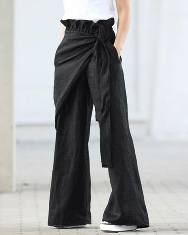 

Tied Detail Paper Bag Waist Wide Leg Pants, Black
