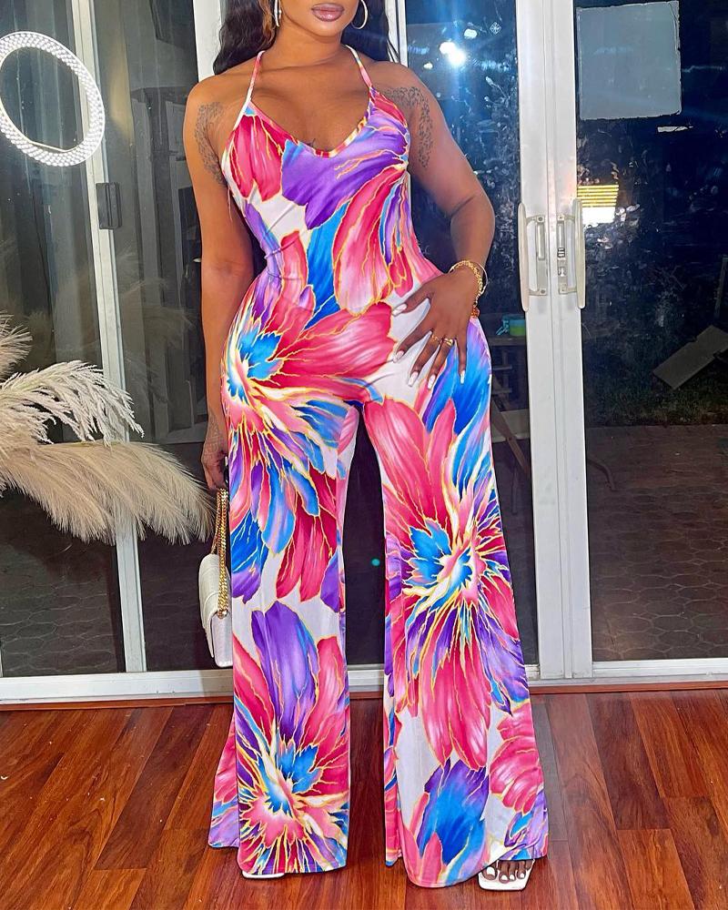 

Floral Print Halter Wide Leg Jumpsuit, Purple