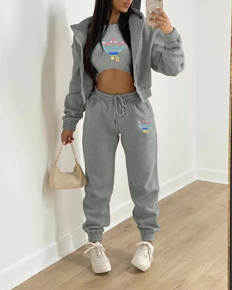 

3PCS Graphic Print Crop Tank Top & Pants Set With Coat, Gray