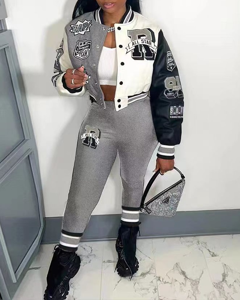 

Colorblock Graphic Print Baseball Jacket & Pants Set, Gray