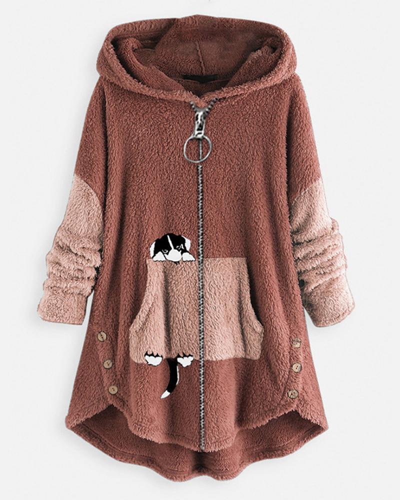 

Dog Print Long Sleeve Hooded Zip Up Teddy Coat, Pink