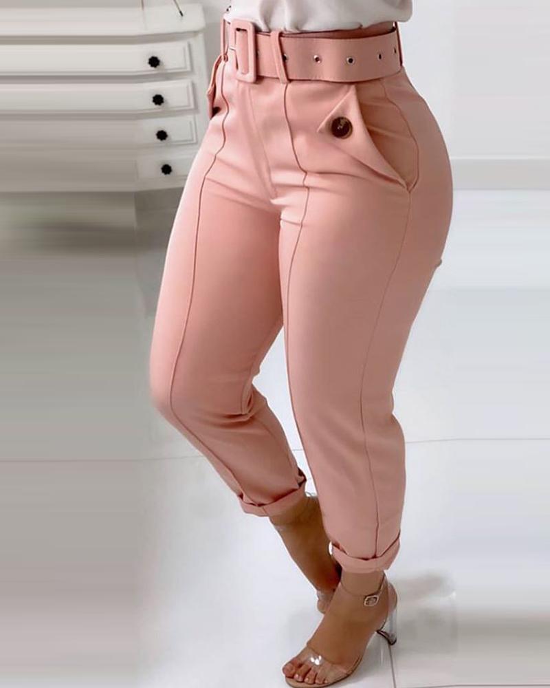 

Pocket Design Buttoned Casual Pants, Pink