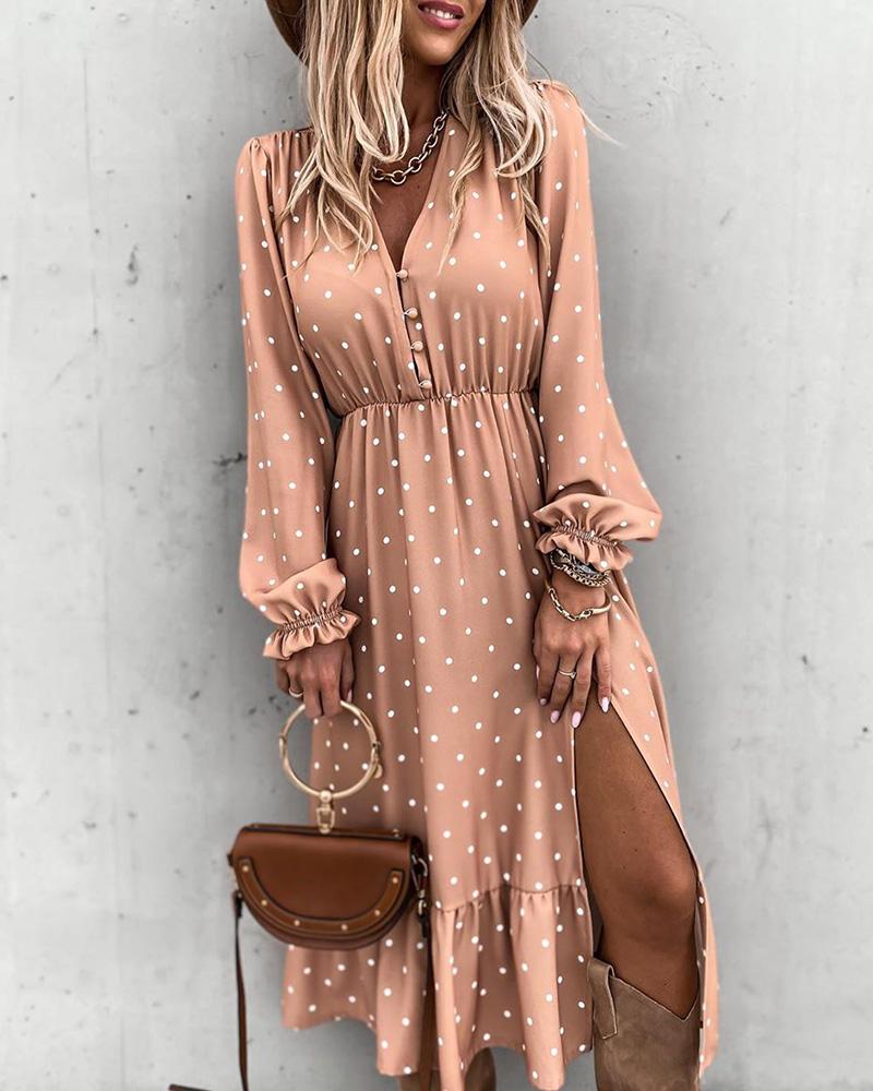 

Dot Print High Slit Button Design Ruffles Dress, Apricot