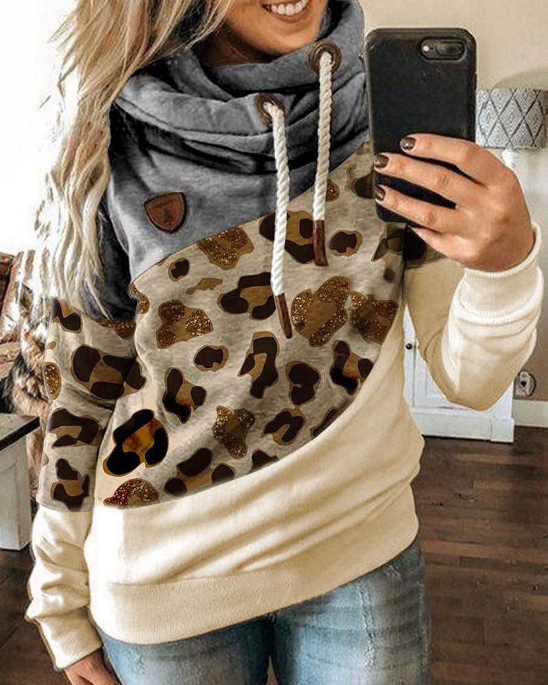 

Lantern Sleeve Colorblock Leopard Print Hooded Top, Gray