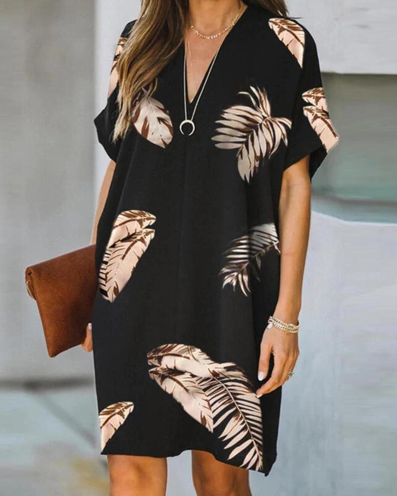 

Tropical Print V-Neck Casual Dress, Black