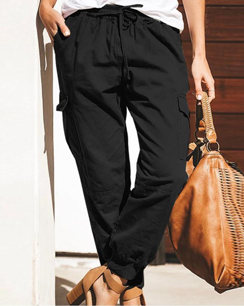 

Pocket Detail Drawstring Cargo Pants, Black