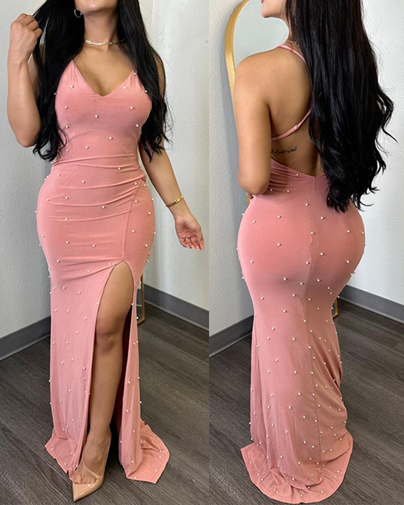 

Deep V-Neck Beaded Backless Slit Party Dress, Pink