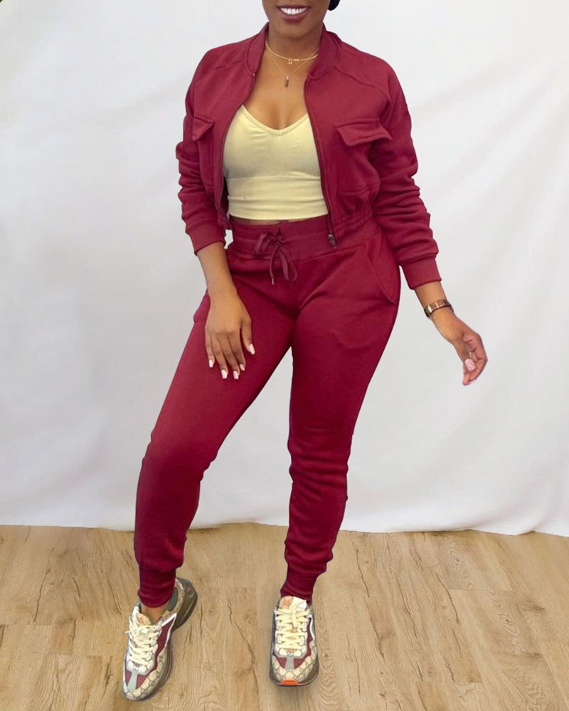 

Zip Up Crop Bomber Jacket & Drawstring Pants Set, Red