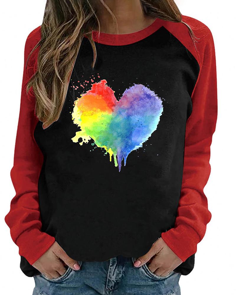 

Valentine' Day O-Neck Colorblock Ink Splash Heart Print Top, Black