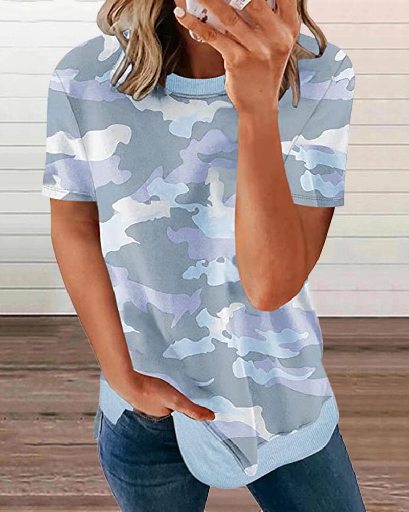 

Camouflage Print Round Neck Short Sleeve T-Shirt, Light gray