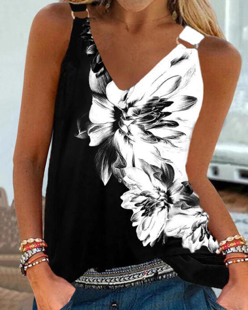 

O-Ring Floral Print Colorblock Tank Top, Black