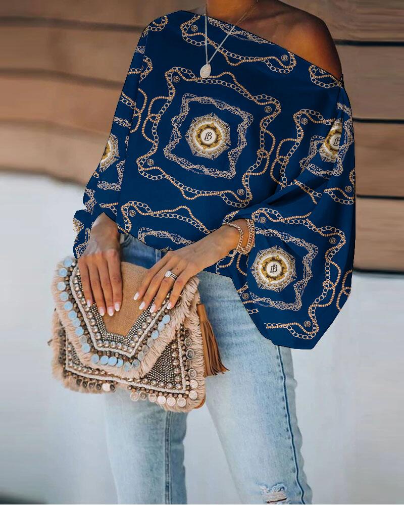 

Baroque Chain Print Lantern Sleeve Top, Blue