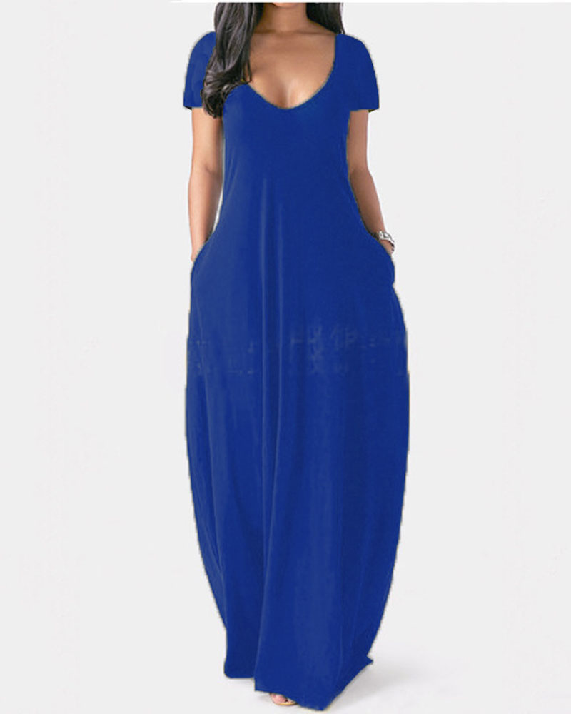 

Short Sleeve V-Neck Casual Maxi Dress, Blue