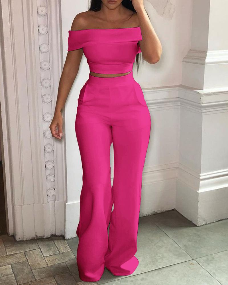 

Off Shoulder Short Sleeve Crop Top & High Waist Pants Set, Hot pink