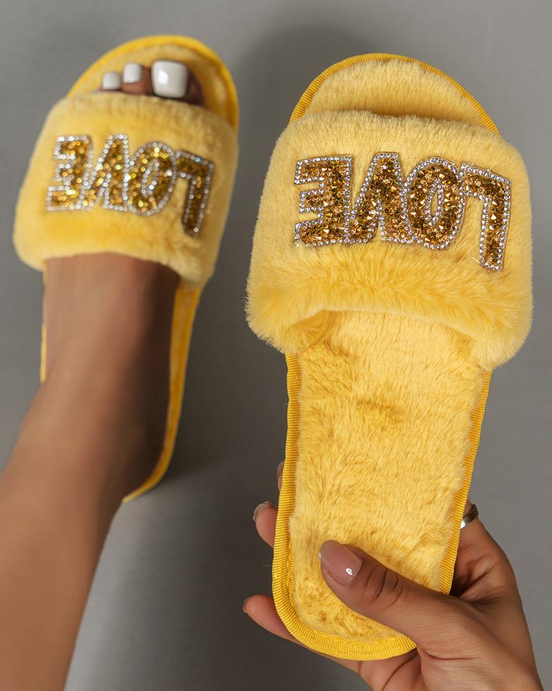 

Rhinestone Love Pattern One Strap Fuzzy Slippers, Yellow