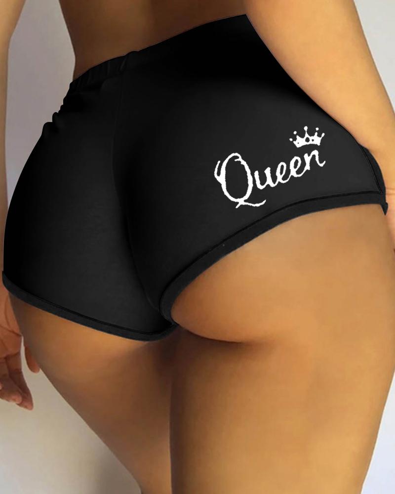 

Letter Print High Waist Skinny Shorts Comfortable Daily Shorts, Black