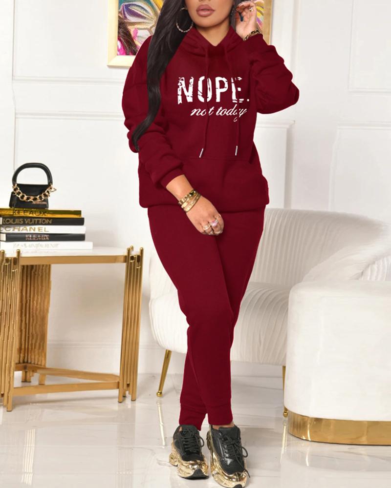 

Letter Print Hoodie & High Waist Pants Set, Wine red