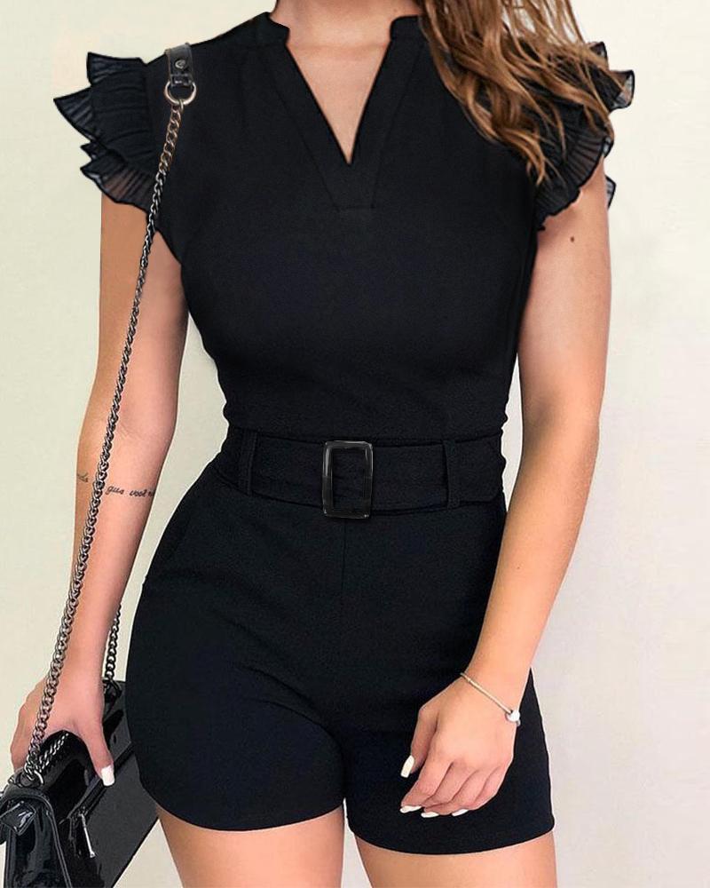 

Flutter Sleeve V-Neck Romper With Belt, Black
