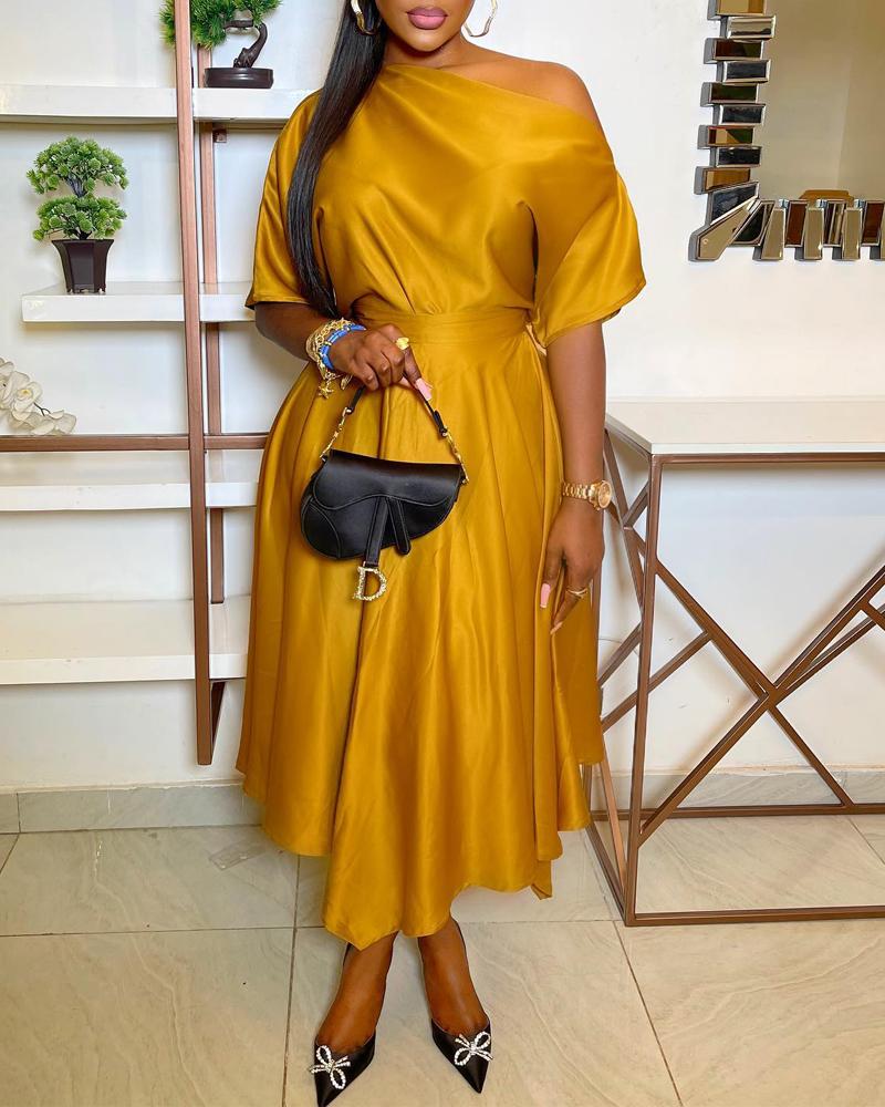 

Plain Short Sleeve Asymmetrical Dress, Yellow