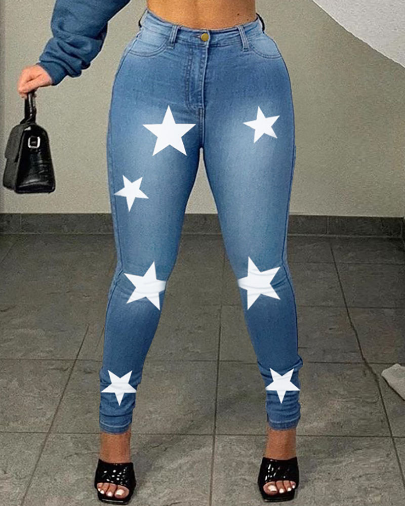 

Plus Size Single Button Design Star Print Colorblock Jeans, Blue