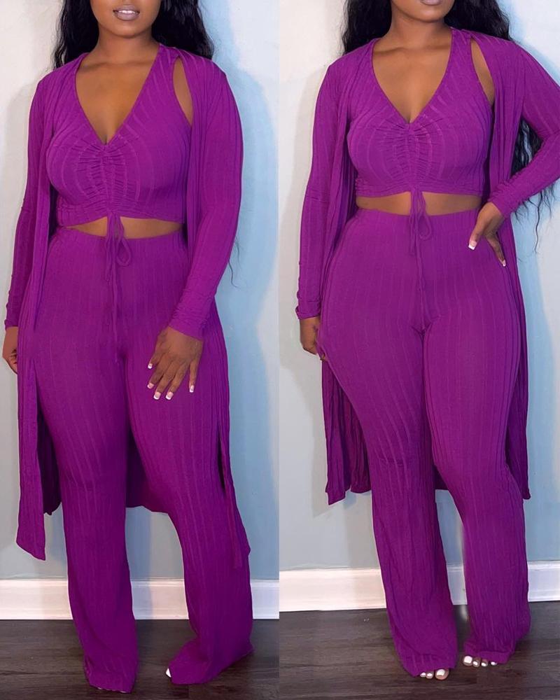 

3PCS Ribbed Drawstring Crop Tank Top & Pants Set With Coat, Purple