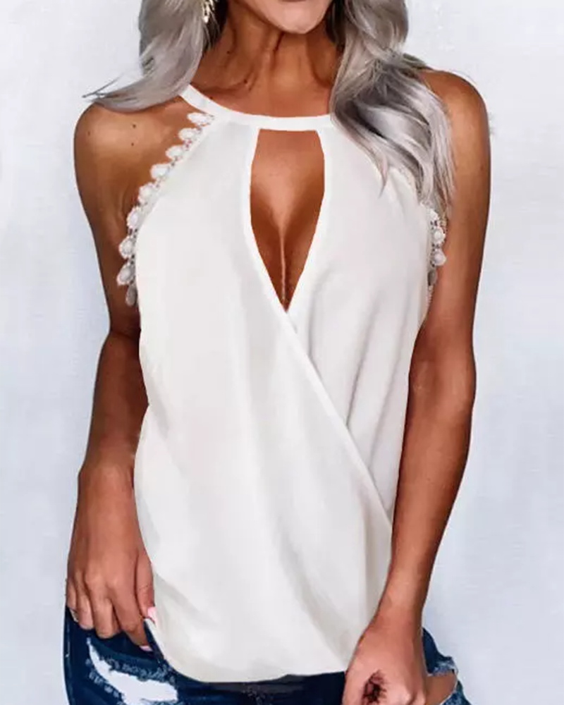 

Lace Patch Cutout Wrap Tank Top, White