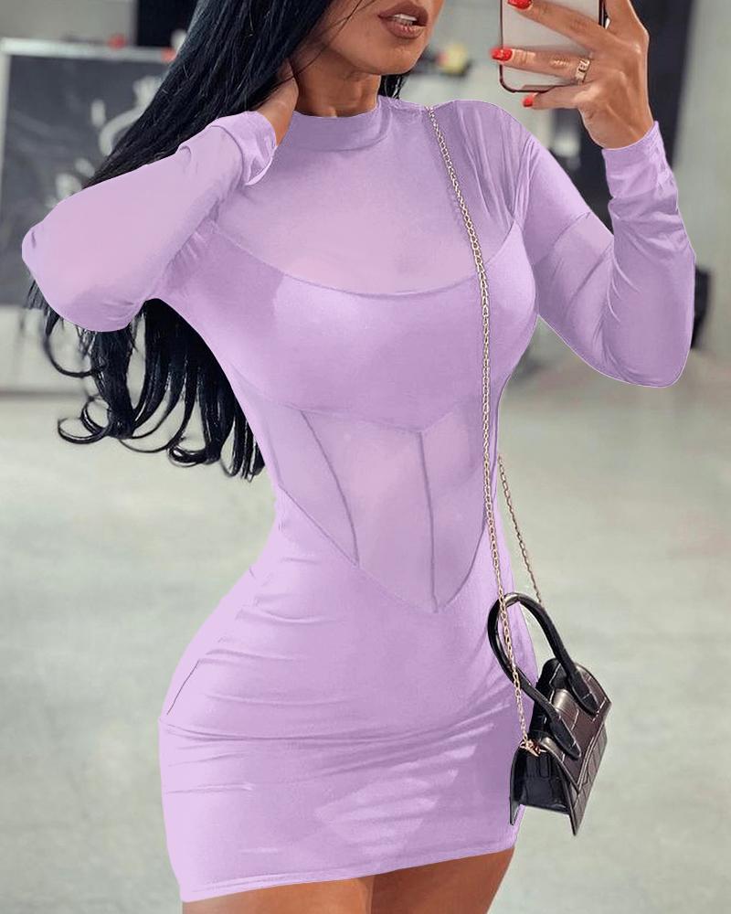 

Sheer Mesh Patchwork Bodycon Dress, Purple