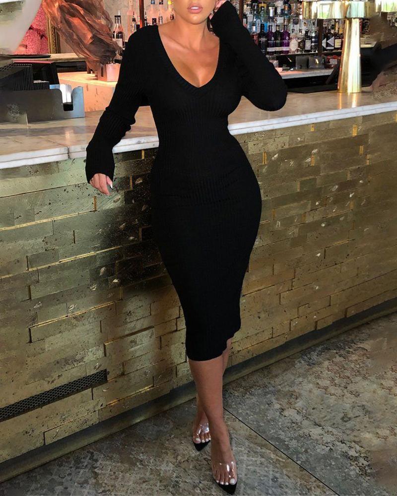 

Ribbed V-Neck Long Sleeve Skinny Dress, Black