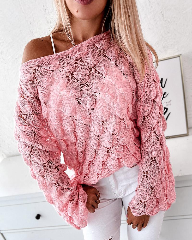 

One Shoulder Hollow Out Long Sleeve Top, Pink