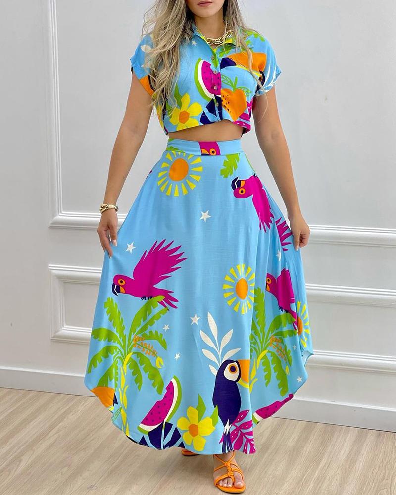 

Animal Plant Floral Sun Print Crop Top & Skirt Set, Blue