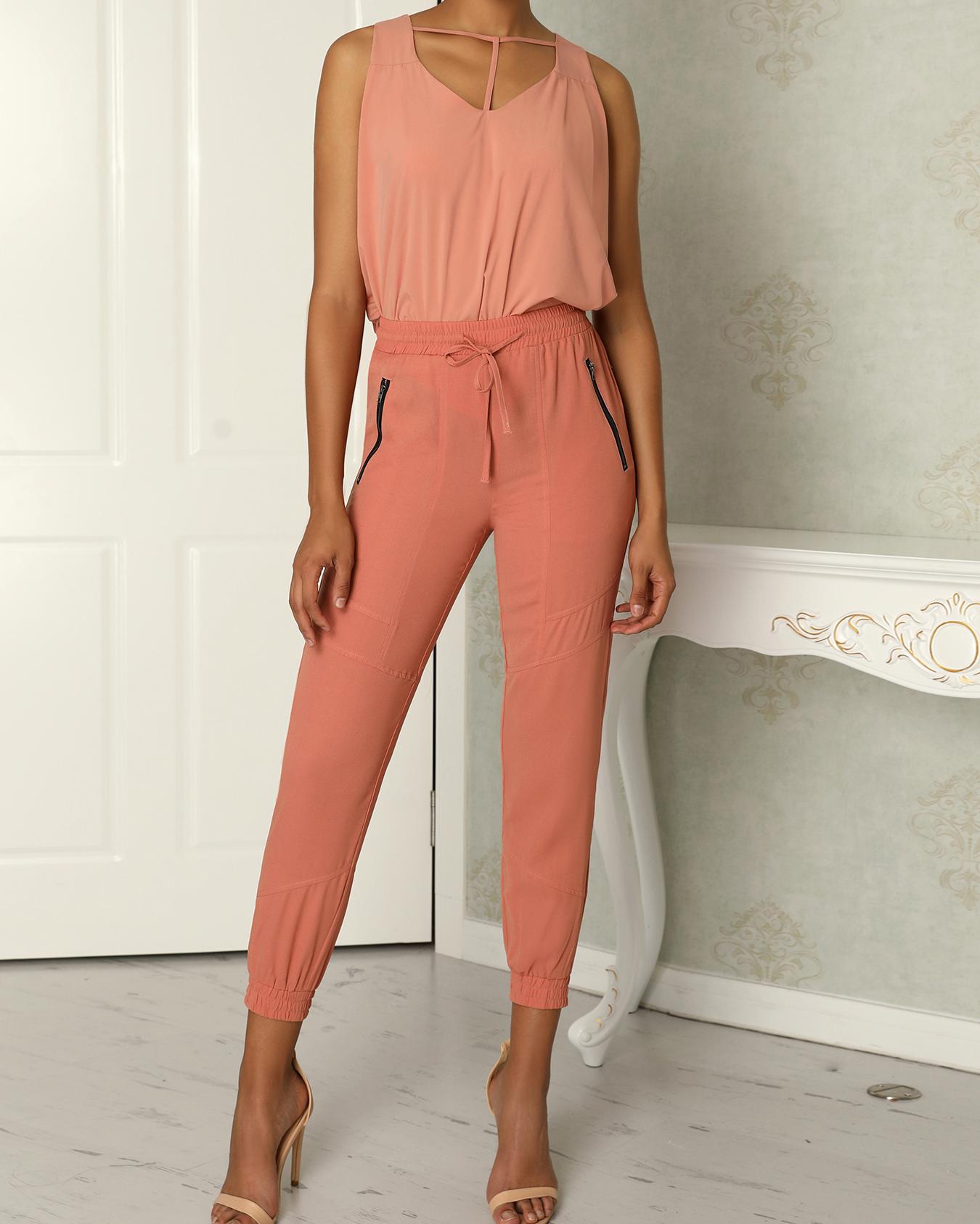 

Solid V-Neck Tank Top With Drawstring Pants Sets, Pink