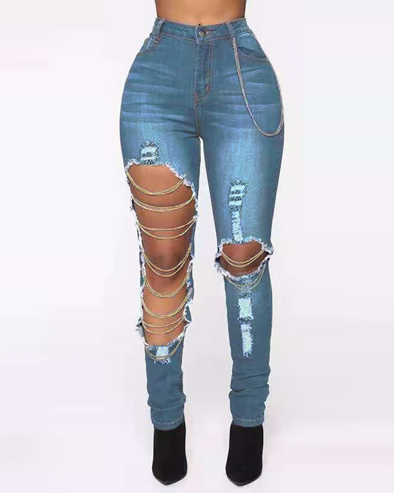 

Ripped Cutout High Waist Skinny Jeans, Sky blue