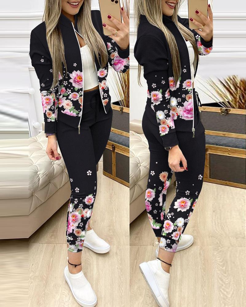 

Two Piece Sets Casual Floral Print Zipper Jacket & Drawstring Pants Set, Black
