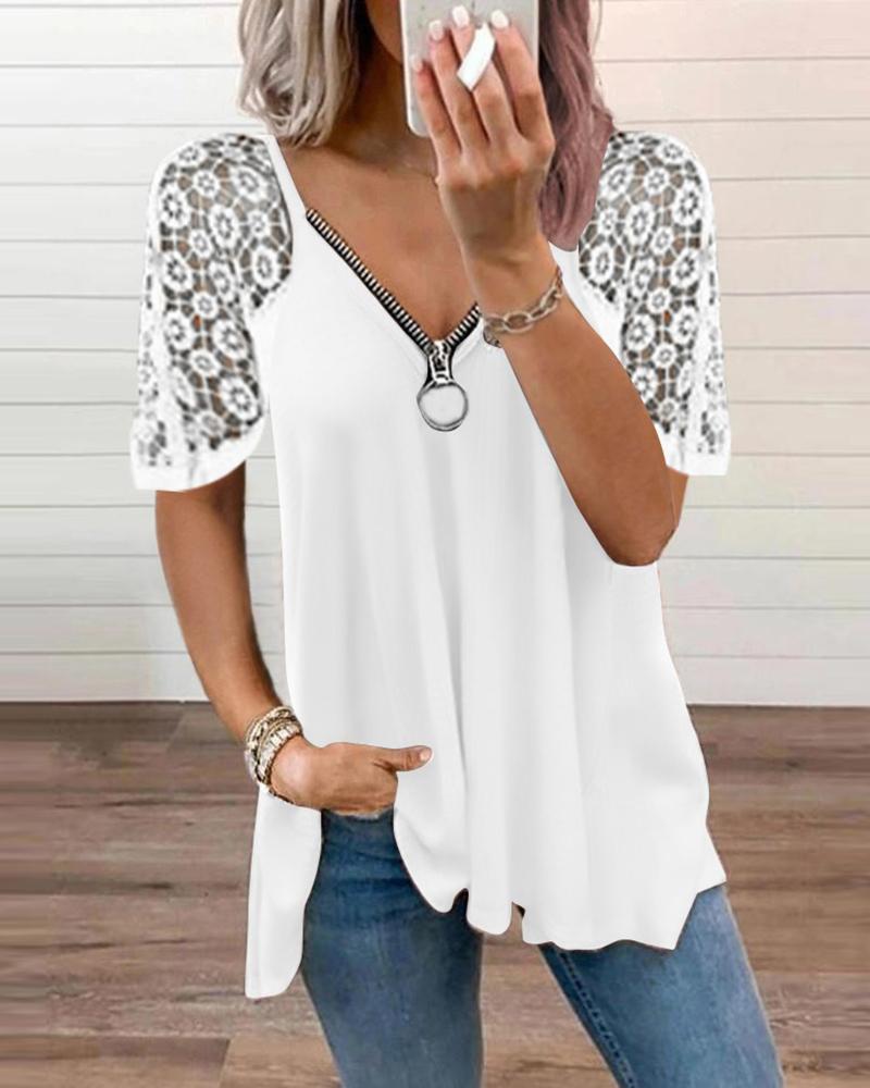 

Guipure Lace Sleeve Zipper Design Top, White