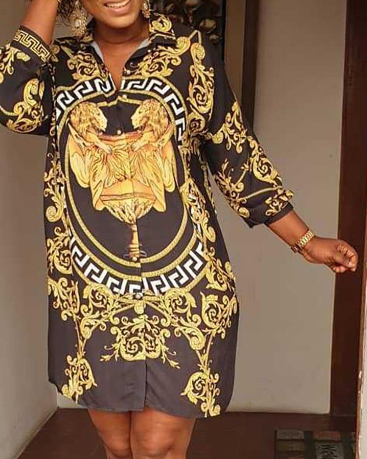 

Long Sleeve Print Casual Dress, Black