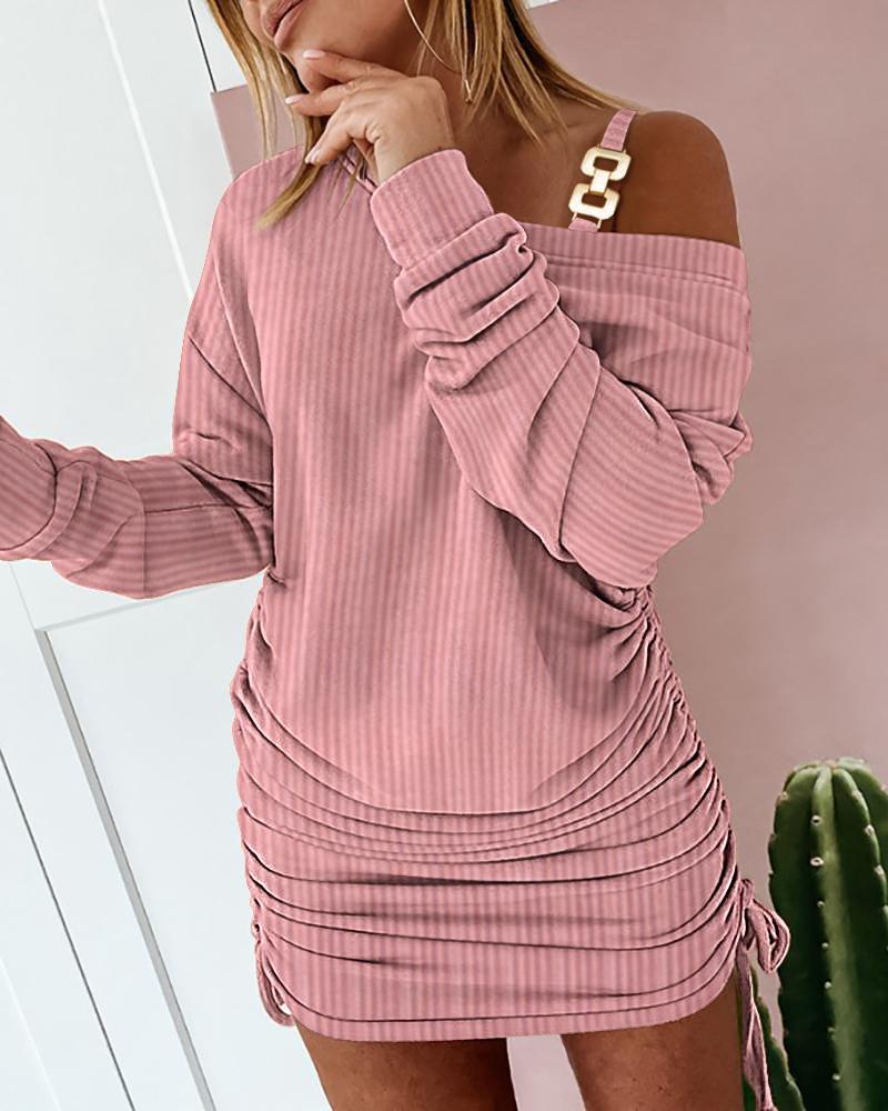 

Velvet Drawstring Ruched Chain Decor Dress, Pink