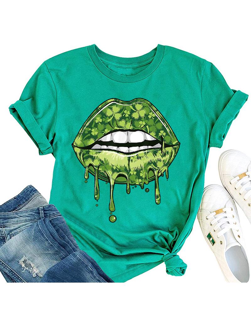 

St. Patrick' Day Lip Clover Print Casual T-shirt, Green