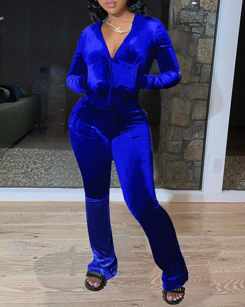 

Velvet Letter Rhinestone Hooded Top & Bootcut Pants Set, Blue
