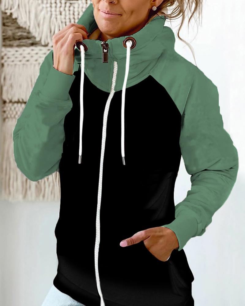 

Colorblock Long Sleeve Zip Up Drawstring Sweatshirt, Green