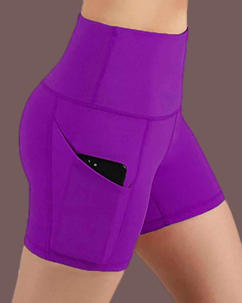 

Solid High Waist Pockets Yoga Shorts, Purple