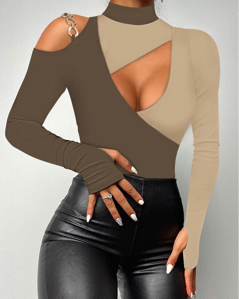 

Colorblock Cold Shoulder Cutout Long Sleeve Top, Coffee