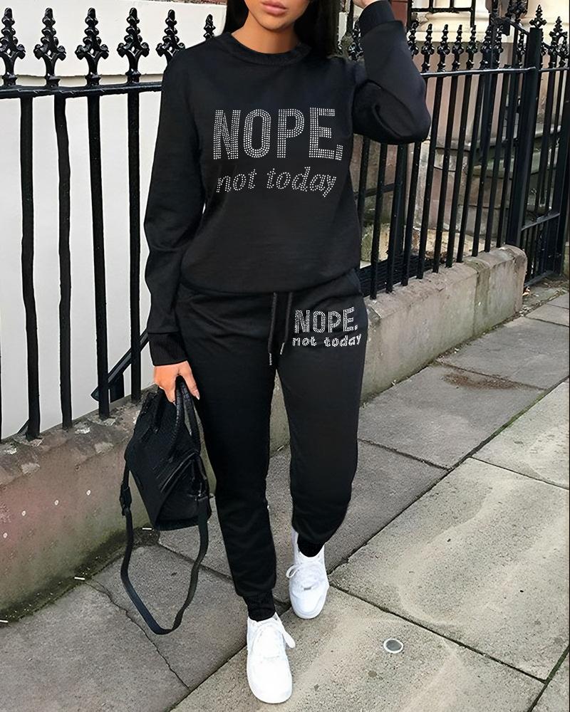 

Nope Not Today Rhinestone Casual Top & Drawstring Pants Set, Black