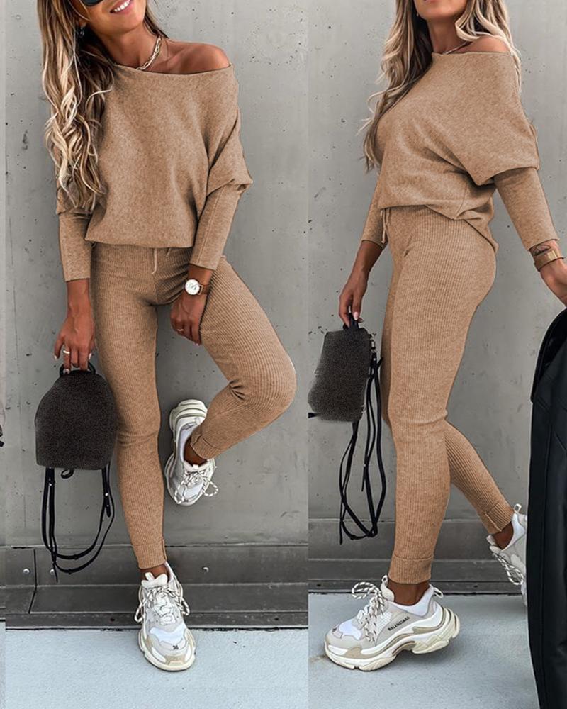 

Long Sleeve Women Top & High Waist Drawstring Pants Set, Khaki