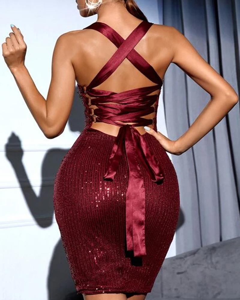 

Crisscross Backless Allover Sequins Dress, Wine red