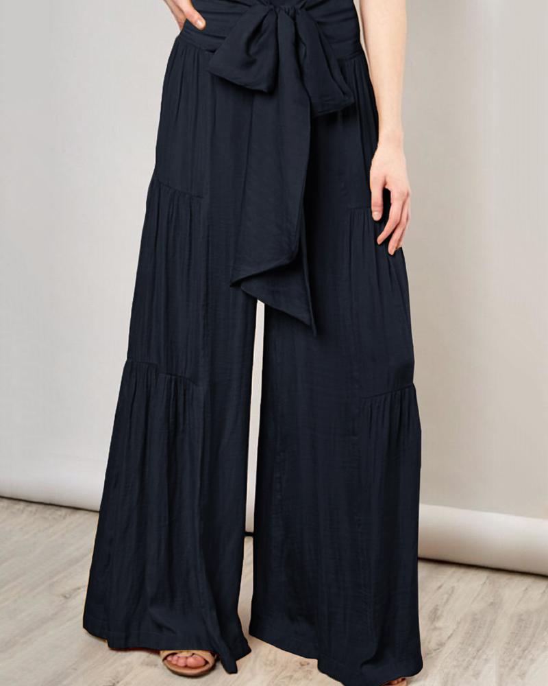 

High Waist Ruched Tied Detail Wide Leg Pants, Black