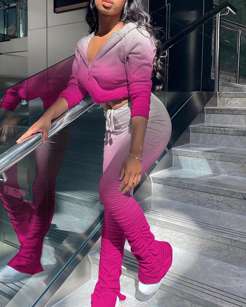 

Gradient Color Hooded Crop Top & Ruched Pants Set, Hot pink