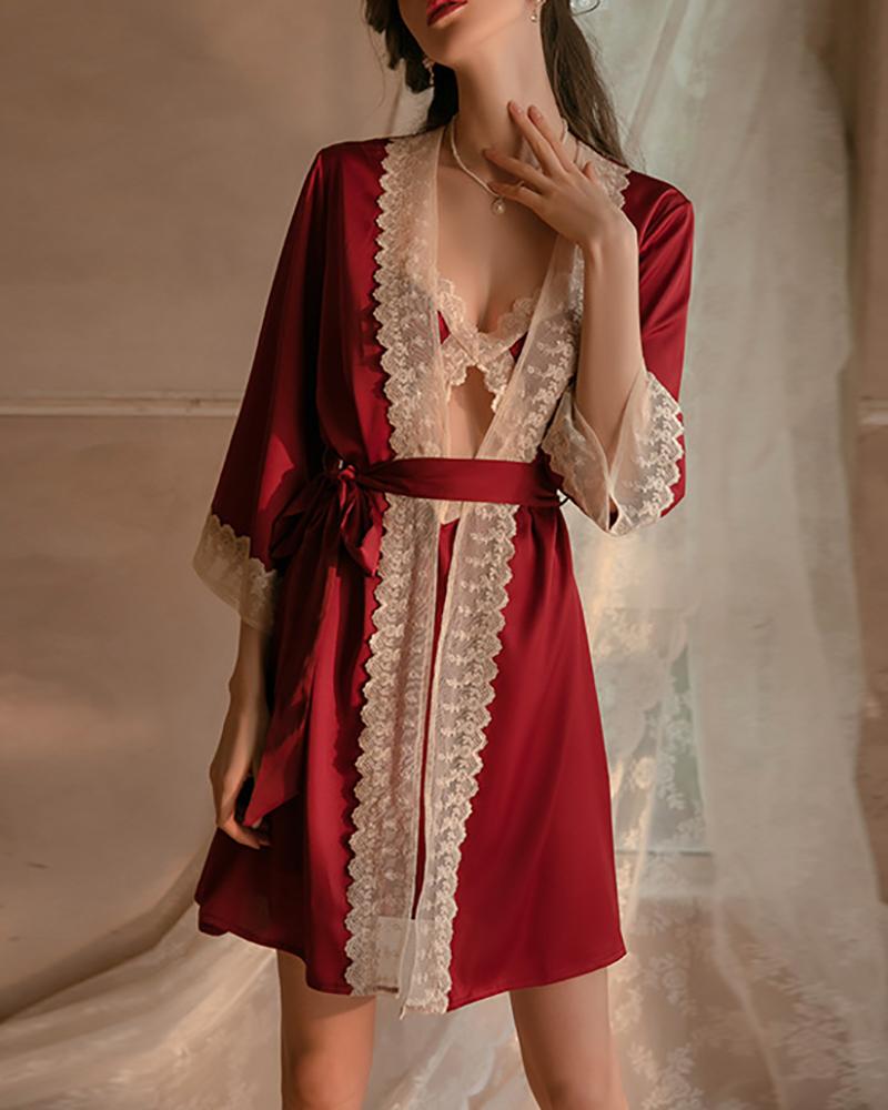 

Satin Lace Trim Bell Sleeve Robe With Belt, Wine red